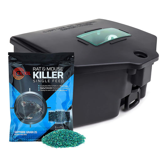 RatKil Rat Bait Box & Rat Poison For Pest Control - Large, Tamper proof Bait Station With 150g Rat & Mouse Poison Grain | Home Friendly Solution